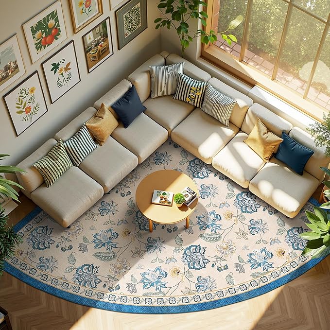 jinchan Floral Corner Rug for Living Room Washable Bedroom Rug Vintage Romance Design Non Slip Quarter Circle Lightweight Low-Pile Throw Carpet for Reading Nook Playroom,8ft Radius, Blue/Beige