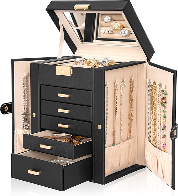 AKOZLIN 6-Tier Jewelry Box Lockable Leather Jewelry Storage Case with 5 Drawers for Women Girls Ring Necklace Earring Bracelet Holder Organizer with Mirror