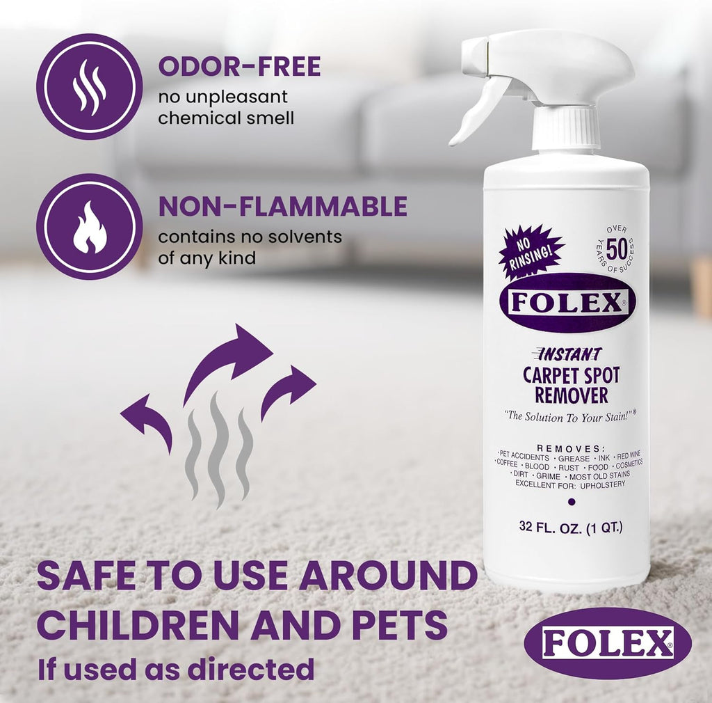 FOLEX Instant Carpet Spot Remover 32 oz – Powerful Stain Remover for Carpets, Upholstery & Rugs – Eliminates Pet Stains, Grease, Red Wine, Food, Makeup & More – With Reusable Cleaning Cloth – 3 Pack