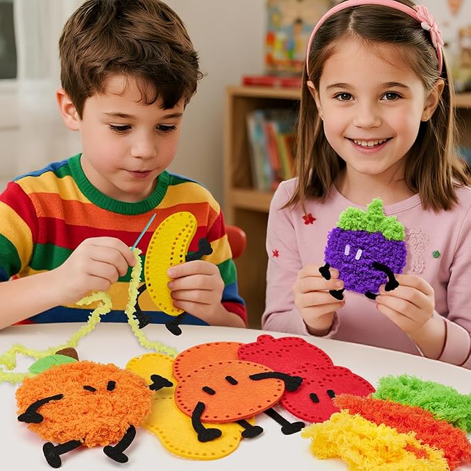 Golray Fruit Plushie Sewing Kit for Kids - My First Sewing Kit for Beginners, 7 Easy Felt Craft Project of Fruit Toys with Yarn, Leather, Plastic Needles, Glue & Instruction, Gift for Kid Girls Boys