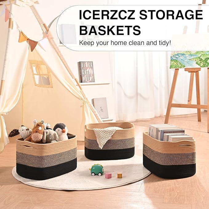 Storage Baskets for Organizing Shelves, Decorative Baskets for Storage, Woven Cotton Rope Basket for Living Room Bedroom Nursery, 15"x11"x9.5", 3 Packs, Gradient Black & Jute
