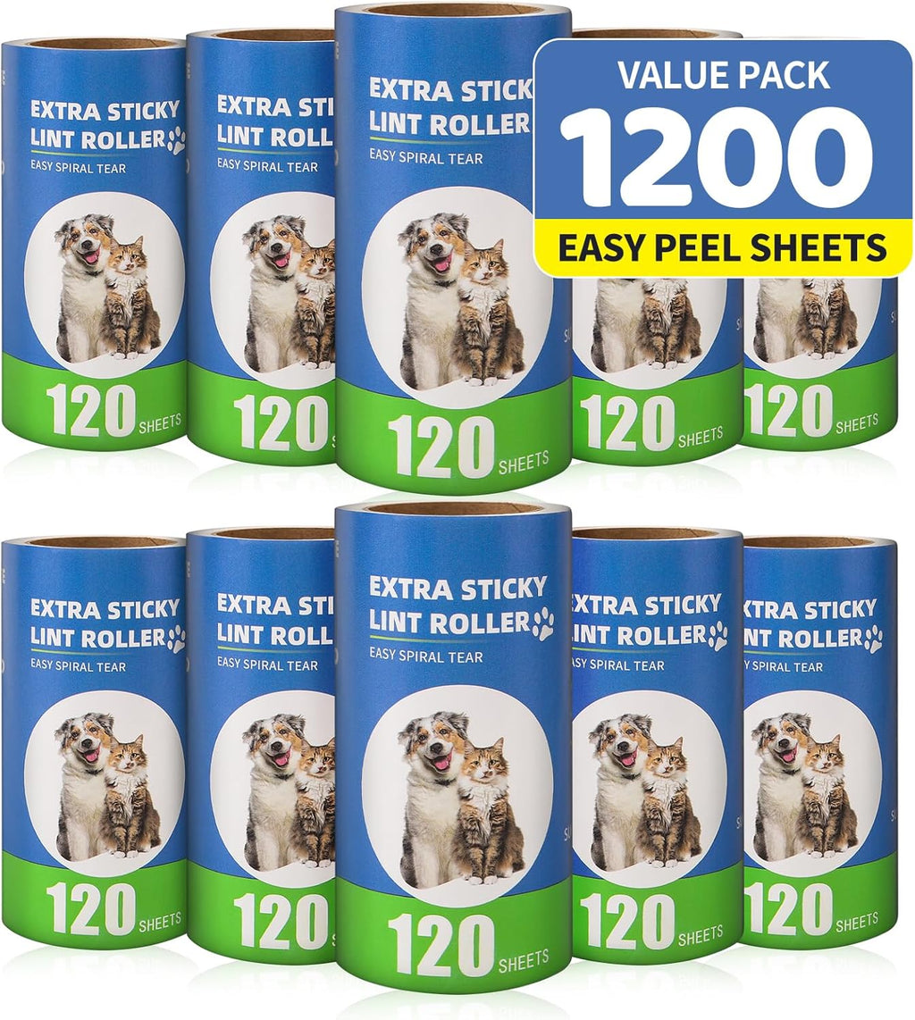 Extra Sticky Lint Roller Refills 10 Pack (1200 Sheets) fit 3.8"-4" Standard Size Lint Roller Sticker with Inner Diameter at 1.5" for Pet Hair, Clothes, Furniture, Cars, No Handle Included