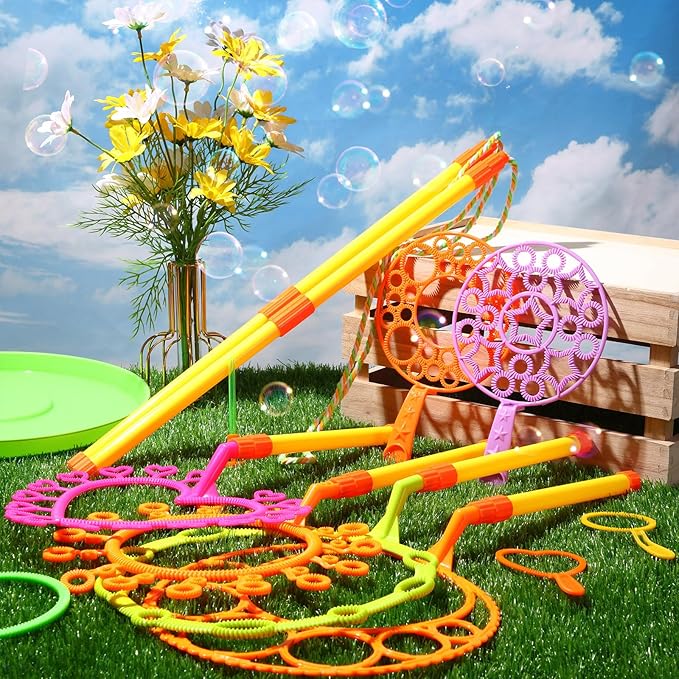 Lenwen 16 Pcs Giant Bubble Wands Kit Big Maker Toy Large Gigantic Bubble Wands with Refill and Tray for Summer School Birthday Outdoor Playtime Fun Activity Party Favors(Assorted)