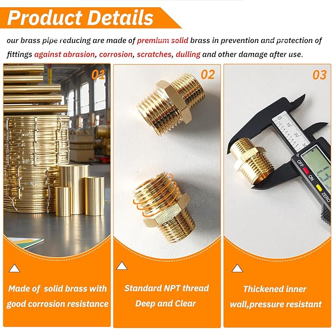 2pcs 1/2" NPT x 3/8" NPT Brass Nipple, 1/2 to 3/8 Adapter Fitting Reducing Solid Hex Nipple, Brass 1/2 Male to 3/8 Male Reducer Pipe Fittings for Extending and Connecting Pipes