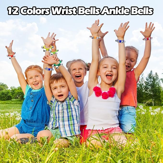 24 Pcs Wrist Band Jingle Bells,12 Colors Band Wrist Bells Ankle Bells,Adjustable Musical Hand Bells Jingle Bell Bracelets for Kids,Rhythm Instrument Percussion Christmas Party Favors