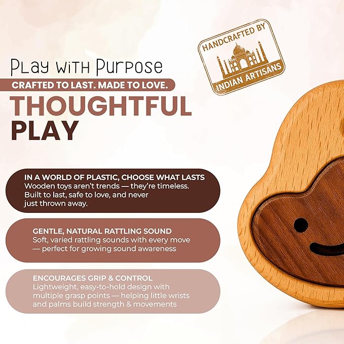 Baby Essentials – Wooden Teething Toy for 3–6 Months | Natural Baby Rattle | Safe Toys for Newborns