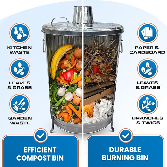 Plexon Metal Compost Bin Outdoor Burn Bin - Galvanized Trash Can with Lid Chimney and Vent Holes - Trash Burning Container Composter Incinerator for Garbage, 20 Gallon (Chimney Lid and Vent Holes)