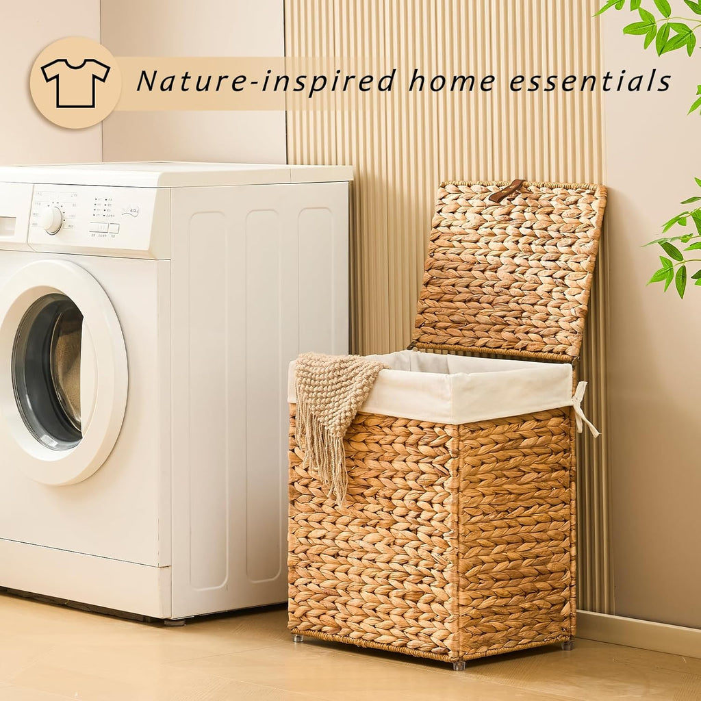 Handwoven Laundry Basket with Lid, Natural Water Hyacinth Storage Basket with Handle, Removable Cotton Liner, Durable and Stylish for Bedroom, Bathroom, Laundry Room