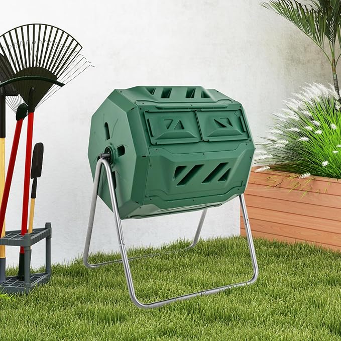 Goplus Compost Tumbler, 43 Gallon Rotating Compost Bin Barrel, Dual Chamber Tumbling Composter with Sliding Door, Gloves, Aeration System for Outdoor, Garden, Yard