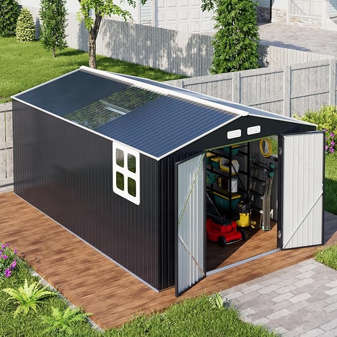 Metal Shed 10x16 FT Big with Heavy-Duty Reinforced Steel Frame and Customizable Skylight, Lockable Doors, 4-Pane Windows, Large Outdoor Storage for Garden, Tools, and Utility