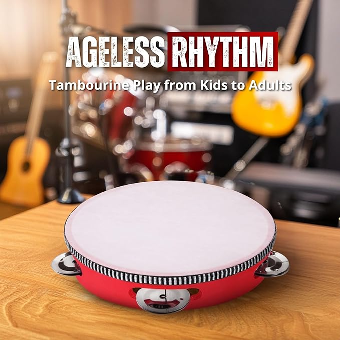 Flexzion Wooden Round Tambourine for Kids and Adults 6" Inch Single Row 8 Pair Jingles, Red Handheld Percussion Instrument for Beginner and Professional Tambourine Player