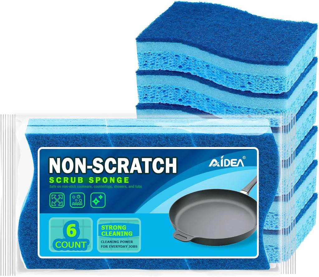 AIDEA Sponges Kitchen, Non-Scratch Scrub Sponge, 6Count, Sponges for Non-Stick Cookware, Kitchen Sponge for Dishes, Cleans Fast Without Scratching, Cleaning Power for Kitchen, Bathroom, Household
