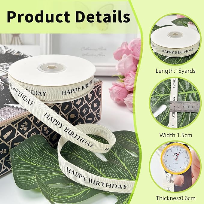Cotton Herringbone Ribbon - Natural Twill Tape for Custom Gift Wrapping & DIY Crafts-5/8 Inch x 15 Yards - Happy Birthday Printed Phrase