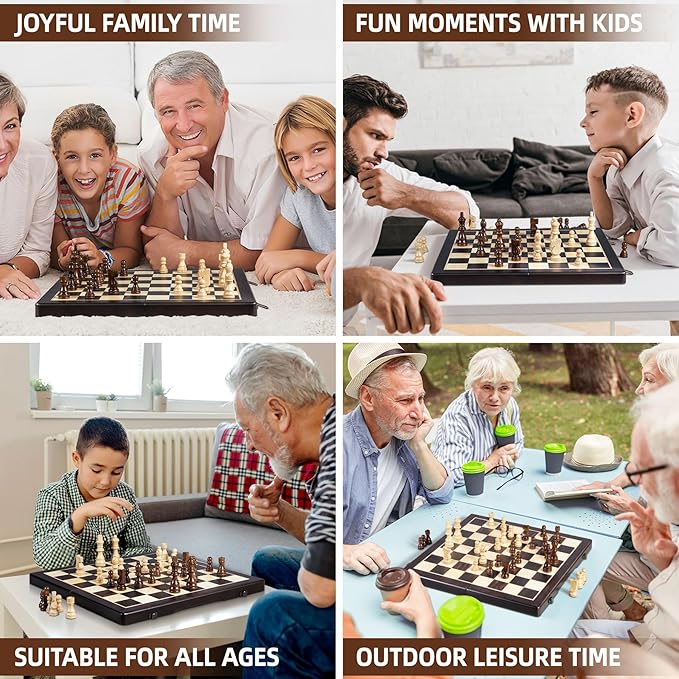 Magnetic Wooden Chess Set for Adults Kids,15" Folding Chess Board with Wood Texture 2 Extra Queens - Handmade Pieces Travel Board Games for Professional Beginner