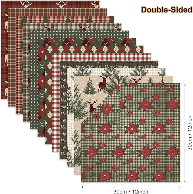 Christmas Scrapbook Paper Pad 12×12,Vintage Christmas Deer Patterned Papers ,24 Sheets Double-Sided Merry Christmas Scrapbooking CardStock Paper Pad for Holiday Cardmaking DIY Origami Papers.