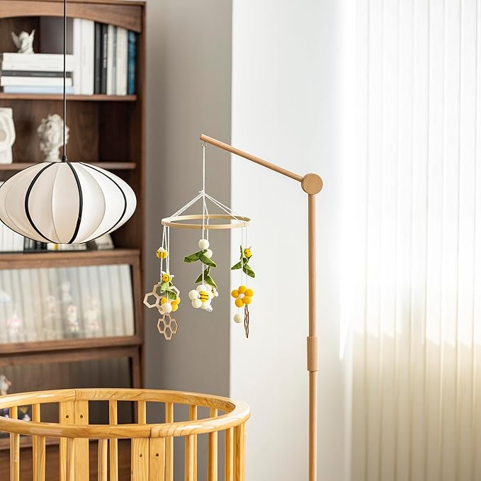 Crib Mobile Arm Wooden Floorstanding - 61 Inches Mobile Arm for Crib|Movable Baby Mobile Hanger|Strong Anti-Dumping Attachment|100% Natural EU Beech Wood|Thicker Wooden Pole|Boho Nursery Decor