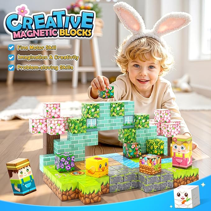 108PCS Magnetic Blocks Kids Magnet Toys, Large 1 inch Building Cubes with Puzzle Panel, Mine Magworld Easter Bunny Garden Building Crafts, Sensory Learning Toys Gift for 3+ Year Old Boys Girls