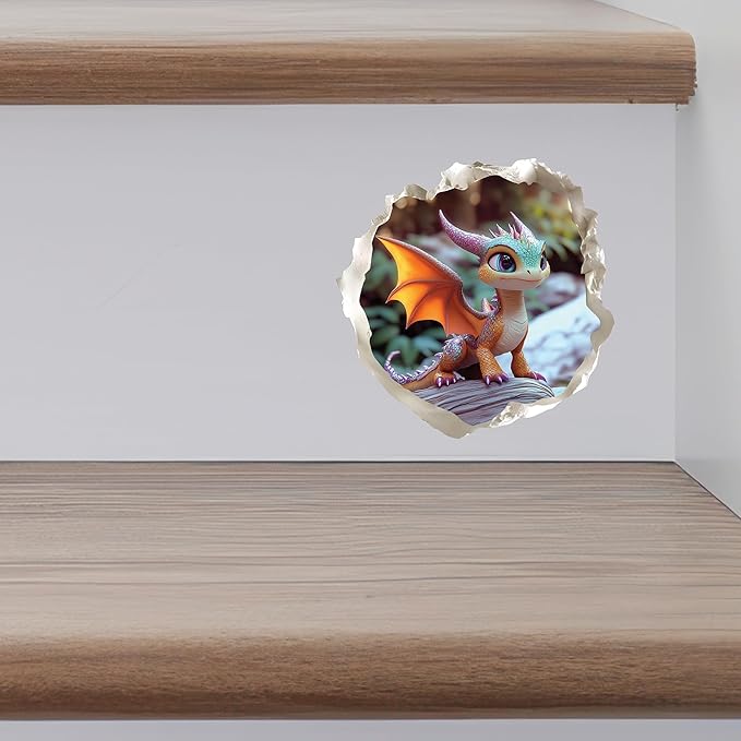 Baby Dragon 3D Wall Decal – Cute Fantasy Sticker with Torn Wall Effect – 4.7W x 4.5H inches