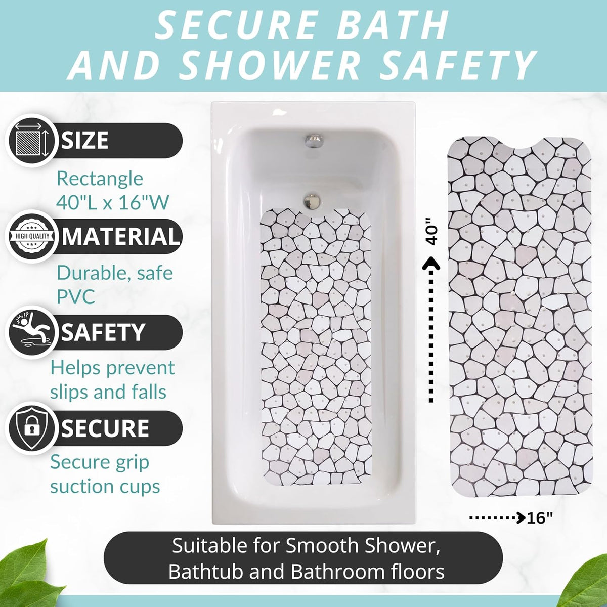 ENKOSI Bath Mat – Large 40 x 16 Inch Non-Slip Bathtub Mat with Secure Suction Cups & Drain Holes – Extra Long Bathroom Shower Mat for Tub with Grey Pebble Design (Grey Pebble 40x16)