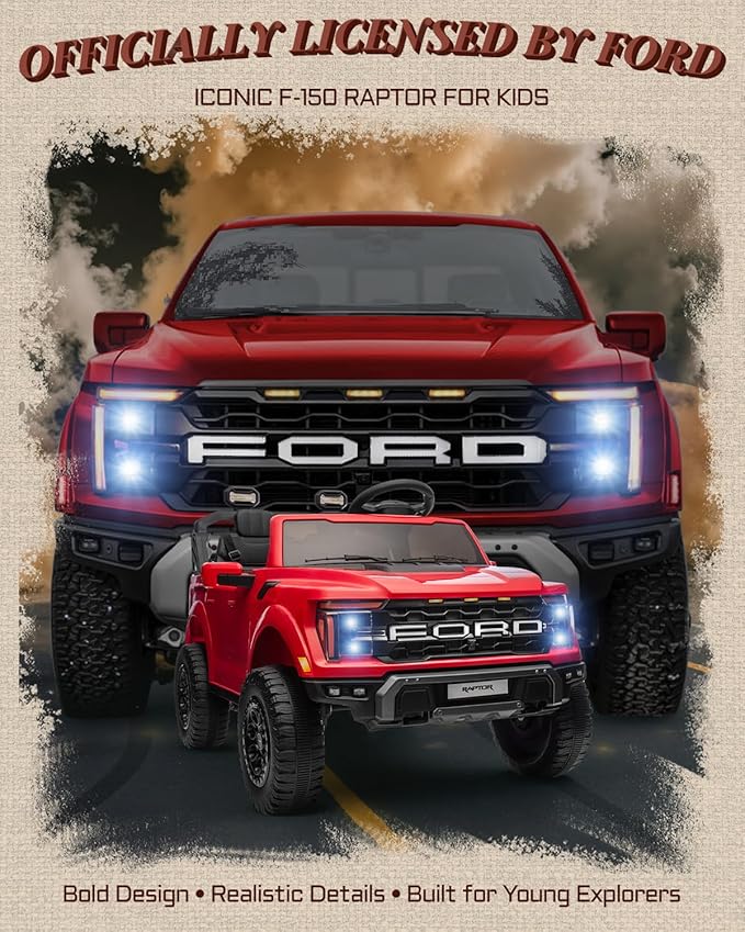 24V 2 Seater Ride on Toys for Kids, Licensed Ford F-150 Raptor Kids Electric Vehicles w/Remote Control, Power Pedal and Durable Wheels, LED Lights, Bluetooth, Truck Bed Storage (Red)