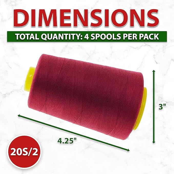 Mandala Crafts 4 Pack of Serger Threads Cones Spools - 20S/2 24000 Yards Polyester Maroon Threads for Sergers Machine and Overlock Quilting Sewing Machine