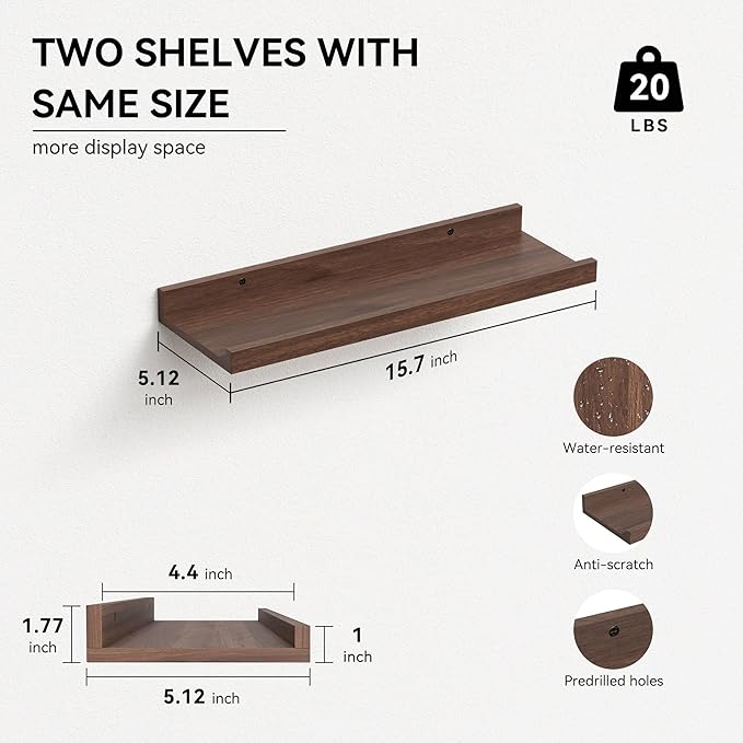 Floating Shelves Wall Mounted Set of 2, Farmhouse Wall Shelves for Storage with Lip, Display Picture Ledge Shelf for Wall Decor Bedroom Living Room Bathroom Kitchen - Walnut