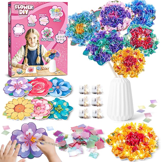 Flower Bouquet Art Craft Kit, Poke DIY Creative Activity Kit with with 6 Flowers & 6 Light Strings, Mess-Free Fun for Girls & Boys, Fun & Educational Kids Craft Gift for Girls Boys Ages 4, 5, 6, 7, 8+