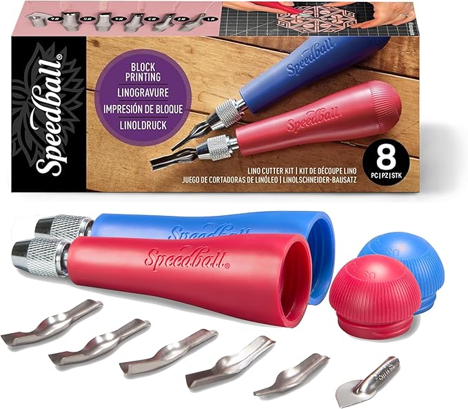 Speedball Linoleum Cutter Kit, 2-Handle Tool Set, Includes 6 Professional Linocut Carving Blades, Made in USA