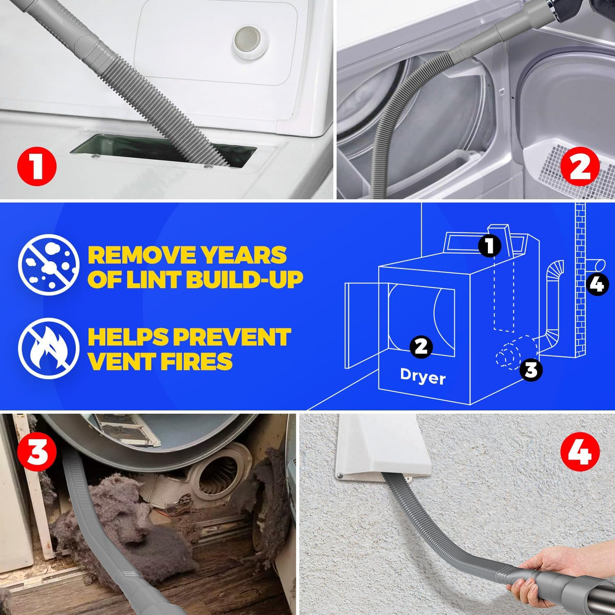 Holikme 2 Pieces Dryer Vent Cleaner Kit, Dryer Lint Vacuum Attachment and Flexible Dryer Lint Brush, Dryer Vent Vacuum Hose Attachment,Grey
