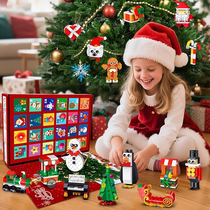 HOGOKIDS 2025 Advent Calendar Christmas Ornaments Building Set, 24 Days Countdown Hanging Christmas Tree Decor Wreath Santa Snowman Xmas Gift Stocking Stuffer Building Toys for Kids Boys Girls Ages 6+