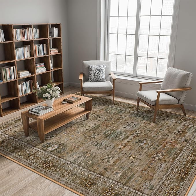 5x7 Washable Area Rug for Living Room Dining Room, Distressed Non Slip Vintage Floral Rugs for Bedroom, Traditional Indoor Floor Carpet for Dining Kitchen Farmhouse Olive/Charcoal