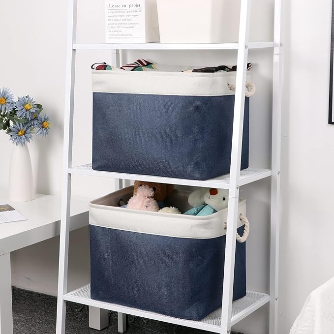 Bidtakay Fabric Storage Baskets with Handles for Organizing 16" x 11.8" x 11.8" Navy Blue Baskets [2-Pack] Shelf Baskets Large Canvas Collapsible Bins for Closet (White&Blue)
