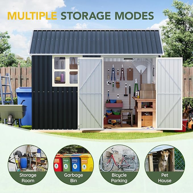 Breezz 8X10FT Outdoor Steel Storage Shed with Clear Window, Lockable Doors, Weather-Resistant Metal Tool Shed for Garden, Backyard, Patio, and Utility Storage.Nightblue