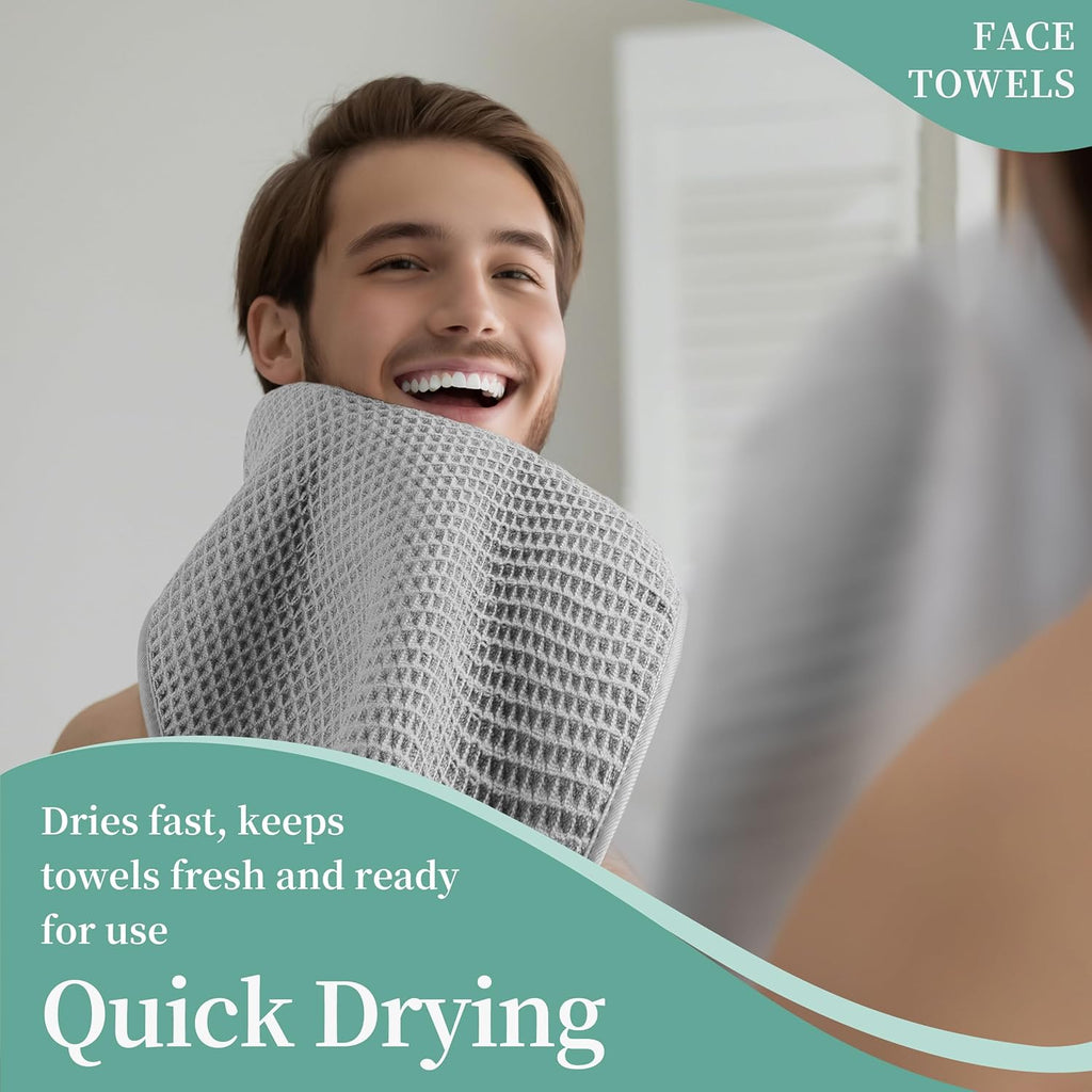 Microfiber Waffle Face Towels, 2 Pieces, Soft, Absorbent, Fast Drying, Lint Free (Silver)