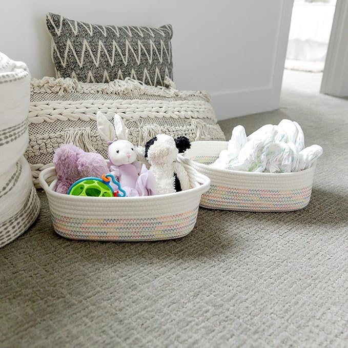 NaturalCozy 5-Piece Rectangle Storage Basket Set- Natural Cotton Rope Woven Baskets for Organizing! Small Basket for Montessori, Baby Nursery, Dog Toy Baskets, Cat Toy Box, Bathroom Organization Bin