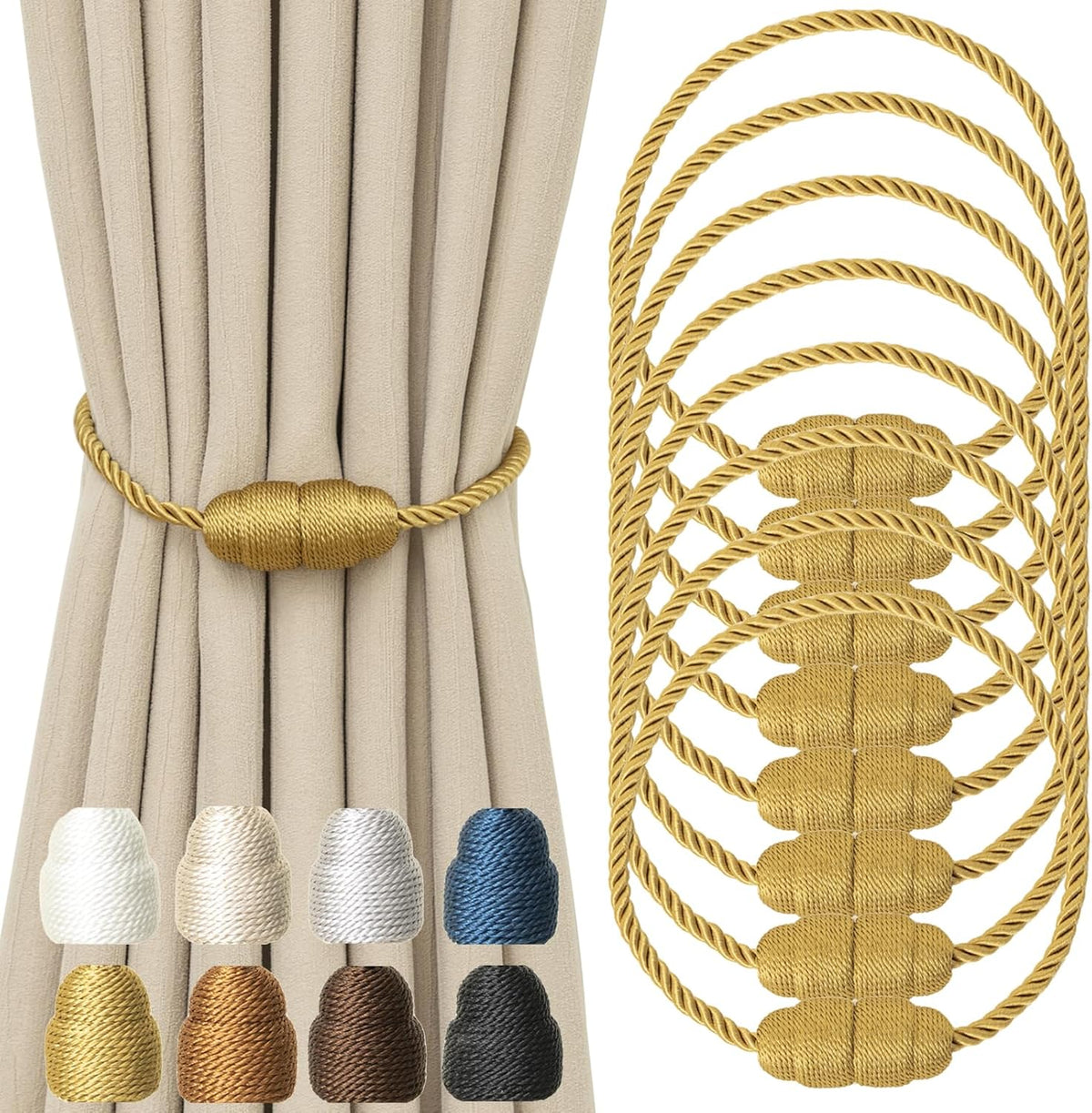 Magnetic Curtain Tiebacks Rope Curtain Tie Backs for Curtains 8 Pack Curtain Holders for Drapes Decorative Window Curtain Holdbacks, Gold
