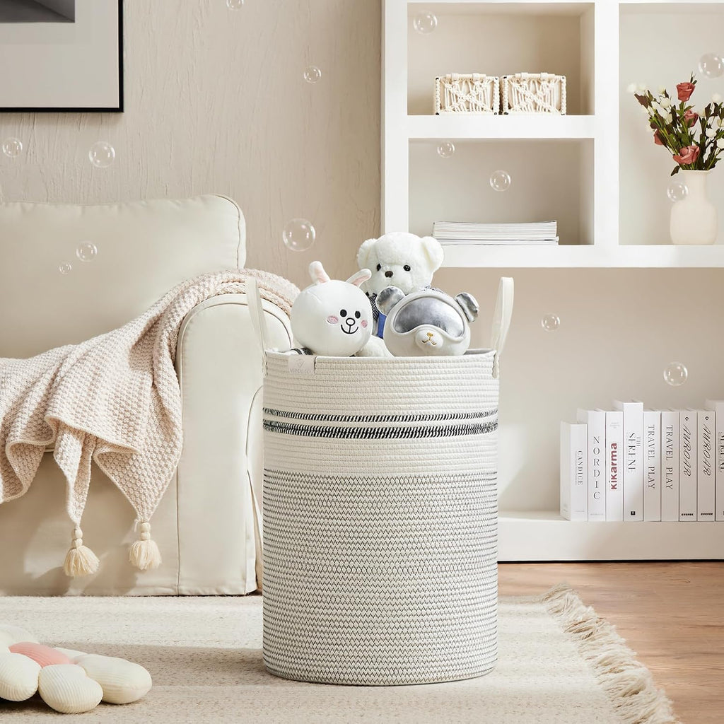 VIPOSCO Tall Laundry Basket, Large Dirty Clothes Hamper with Leather Handle, Woven Rope Storage Basket for Blanket, Toy In Living Room, Bathroom, Bedroom - 72L Stripe White