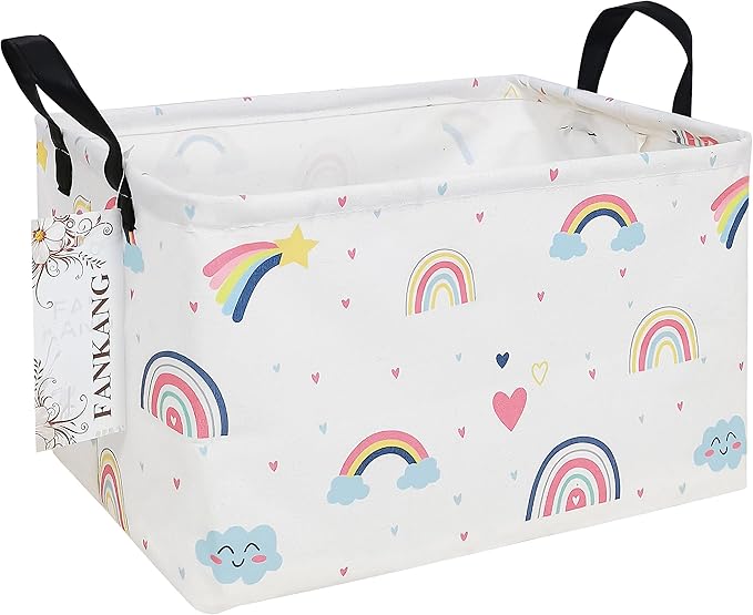 FANKANG Storage Bins, Nursery Hamper Canvas Laundry Basket Foldable with Waterproof PE Coating Large Storage Baskets for Kids Boys and Girls, Office, Bedroom, Clothes,Toys(Rec-Love Rainbow