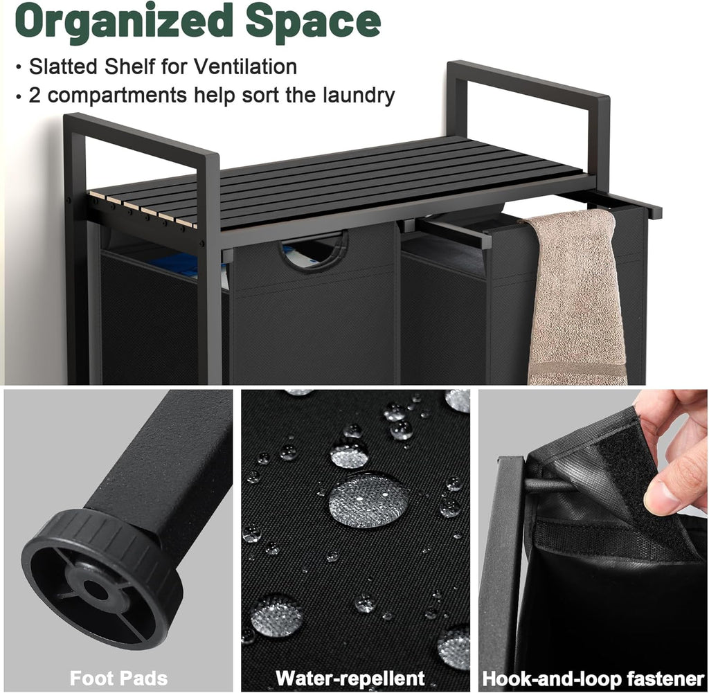 Laundry Hamper, Laundry Sorter with 2 Pull-Out Removable Oxford Fabric Bags Cloth Laundry Basket 2 x 10 Gallons (Charcoal Black)