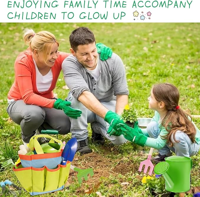 Kids Gardening Set 14Pcs Gardening Tools for Kids with Tote Bag,Watering Can, Shovel, Apron, Garden Book and More Educational STEM Learning Outdoor for Toddlers Boys Girls (Green)