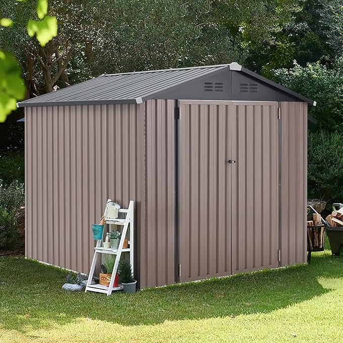 U-MAX 7' x 7' Shed Outdoor Storage Shed Clearance, Extra Large Yard Steel Shed with Design of Lockable Doors, Tool and Utility Storage for Backyard, Garden, Patio, Outside use Taupe