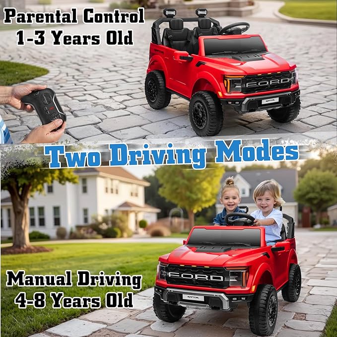 24V Ride on Car Licensed Ford F-150 Raptor, Kids Electric Car with Remote Control, LED Light/Music/MP3, Truck Bed Storage, 3-Point Seat Belt (24V, Red)