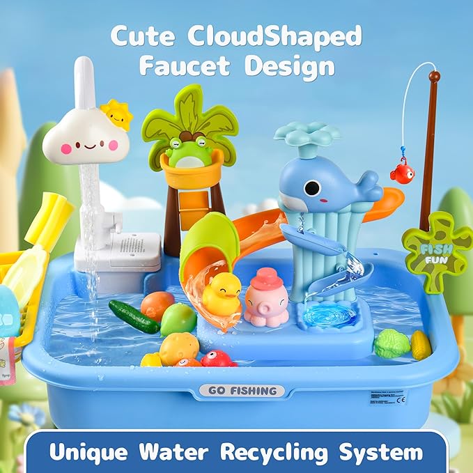 2026 Upgraded Toddler Sand Water Table Toy with Electric Water Pump, Kids Sand Water with Faucet/Play Food Accessories/Fishing Toy, Kitchen Play Sink Toys for Girl Boy Age 3+ (Blue)