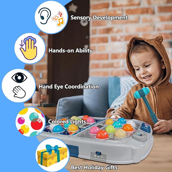2-Player Whack Game Mole Toy for Kids Ages 3+, 11x15in Early Learning Toy with Lights & Sounds, Interactive Pounding Bench with 9 Speed Levels, Perfect for Families with Multiple Kid of Different Ages