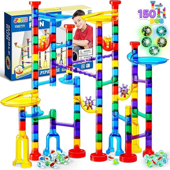 JOYIN 150Pcs Glowing Marble Run- Construction Building Blocks Toys with 5 Glow in The Dark Glass Marbles, STEM Educational Building Block Toy, Gift for Christmas