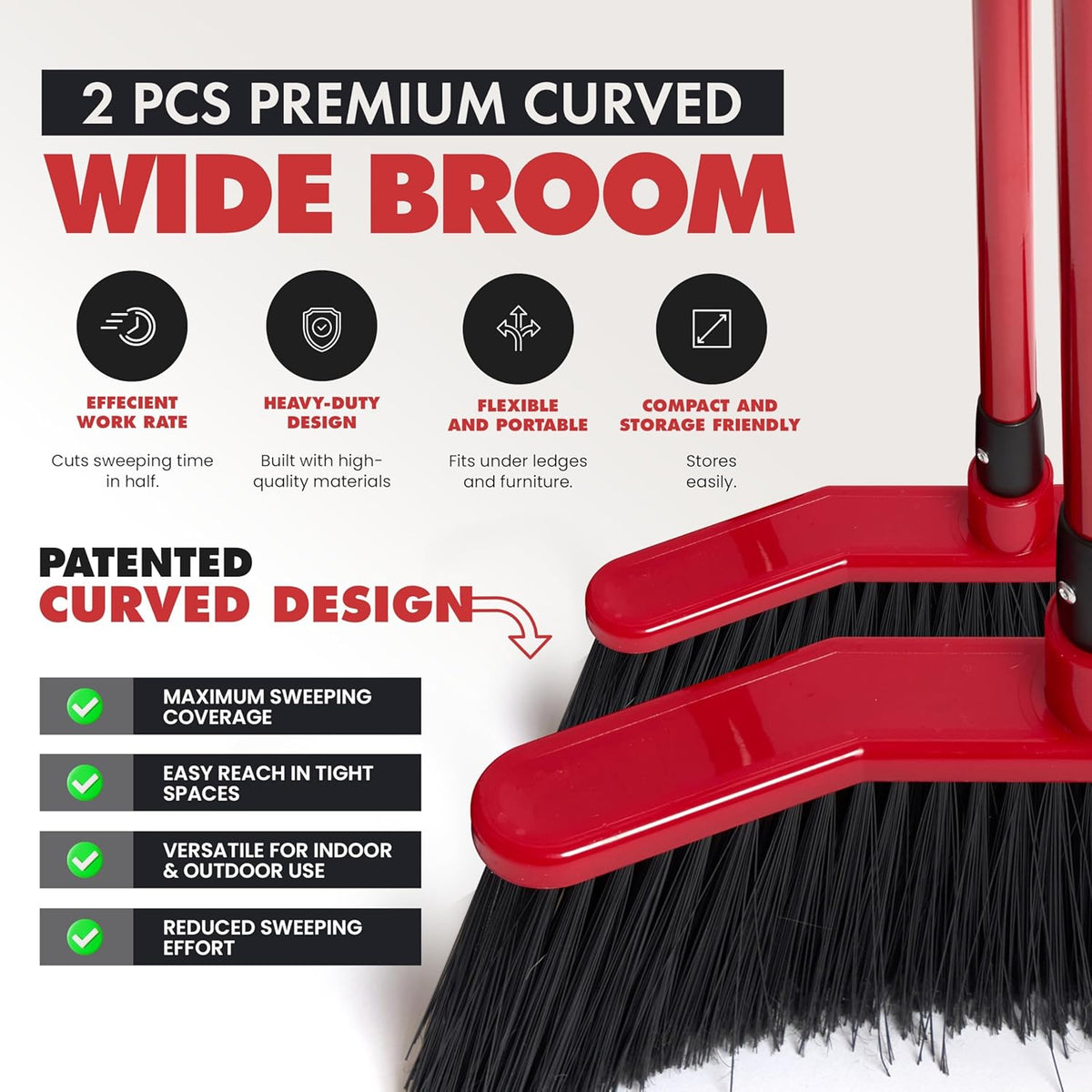Da Vinci Curved Angle Broom (2) - Sturdy Wide Broom for Indoor/Outdoor Sweeping, Heavy Duty Steel Telescopic Handle, Durable PVC Bristles, Ideal for Pet Hair, Dust, Kitchen & Rough Surfaces