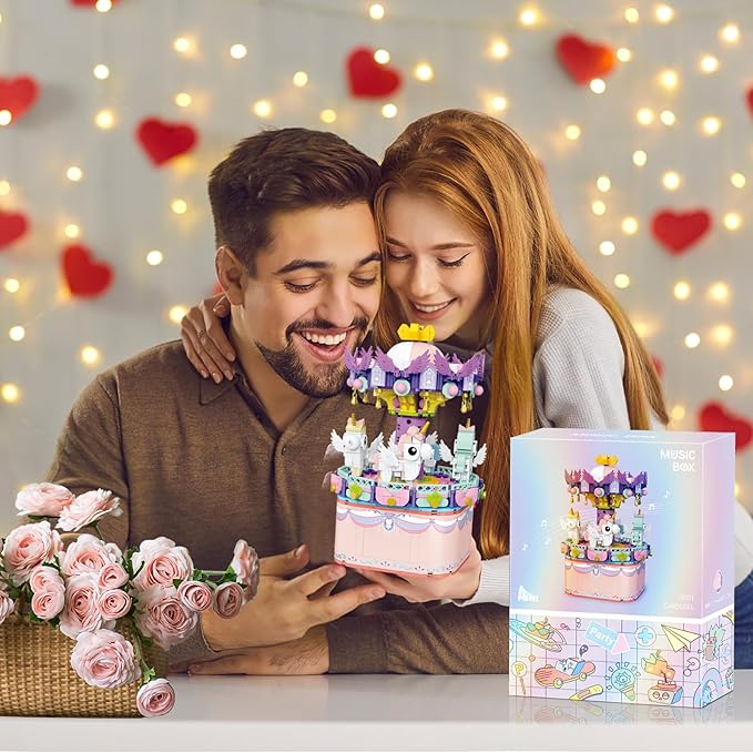 Music Box Building Toys, Rotating Carousel DIY Building Block for Girls and Boys 6 -12 Years Old, 874 pcs, STEM Construction Toy Christmas and Valentine Gifts for Adults and Aged 8 9 10 11 12 Kids