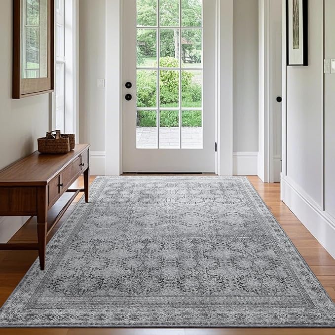 6x9 Washable Area Rug Non Slip, Faded Grey Living Room Rugs Low Pile, Thin Vintage Floral Carpets, Indoor Large Distressed Print Carpet for Bedroom Dining Room Farmhouse Home Office College Dorm