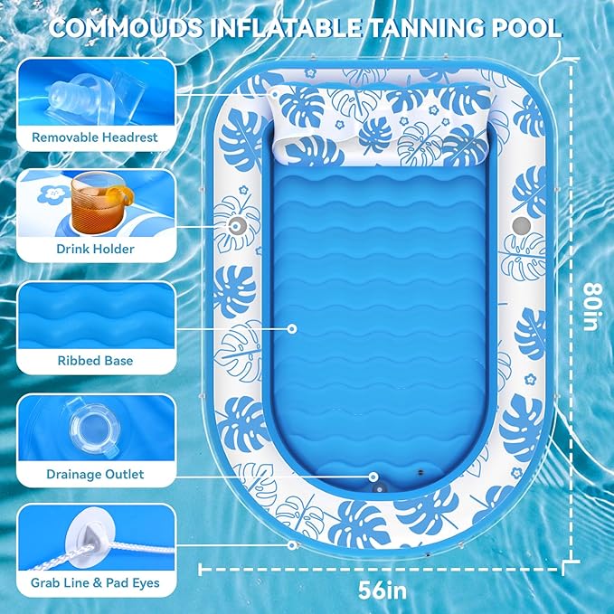 Inflatable Tanning Pool Lounger Float with Cervical Pillow - Pool Floats Adult for Sunbathing, Backyard, Pool Party - Inflate Ball Pit for Babies - Kids Swimming Pool Bed