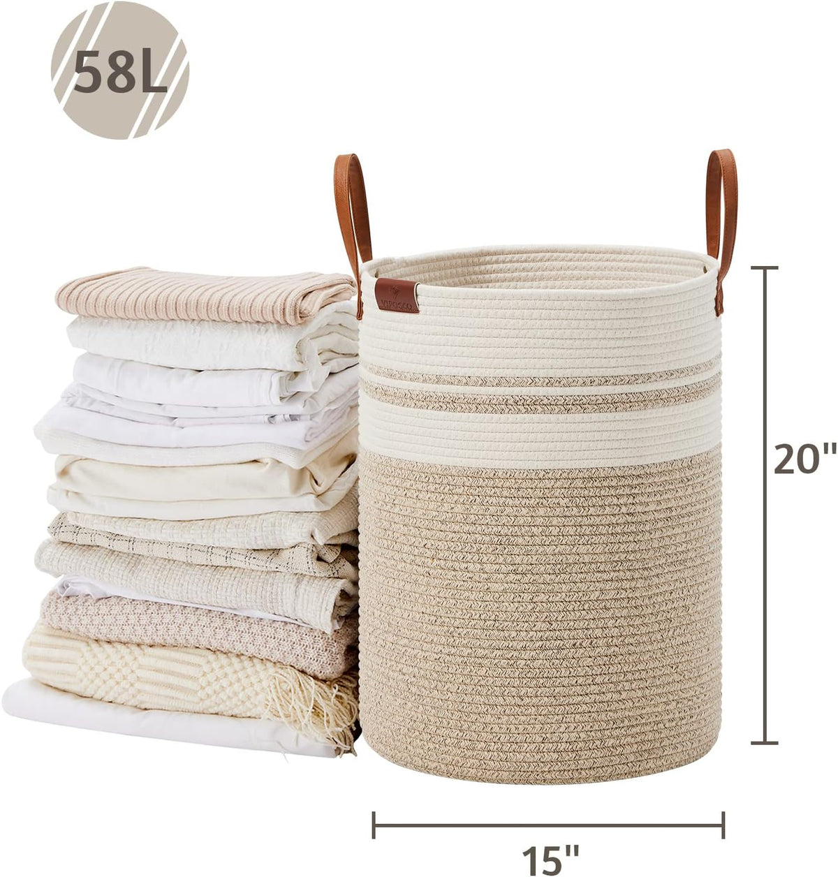 VIPOSCO Tall Laundry Basket, Large Dirty Clothes Hamper with Leather Handle, Woven Rope Storage Basket for Blanket, Toy In Living Room, Bathroom, Bedroom - 58L Brown & White